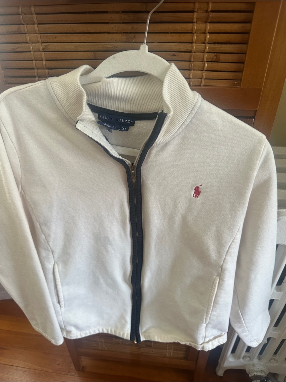 Ralph Lauren Off-White Full-Zip Cotton Blend Jacket with Navy Trim, Runs Small